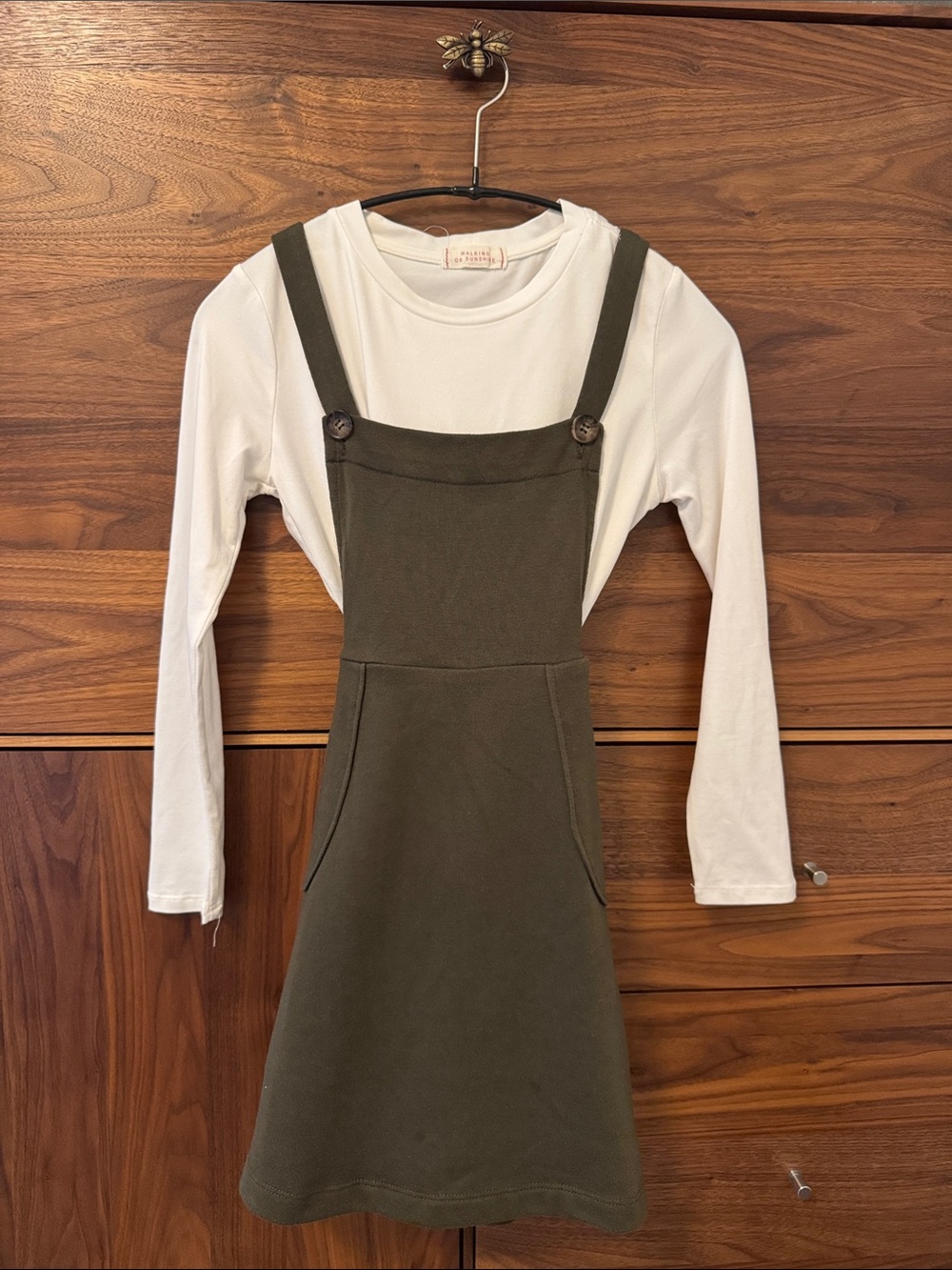 Walking on Sunshine Girls Olive Green Pinafore Dress Small